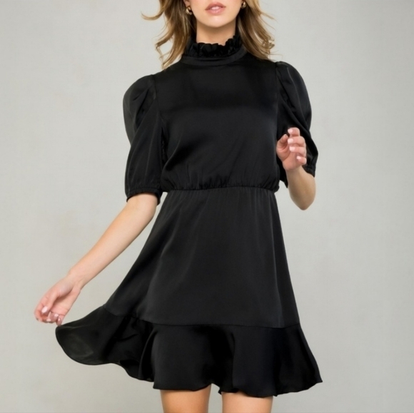 THML Mini Dress Short Puff Sleeve Flutter Mock Neck LBD Black Womens Size Medium